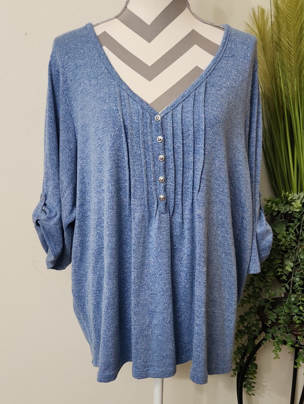 Kim Rogers Lightweight V-Neck Pintuck Button Tunic Sweater